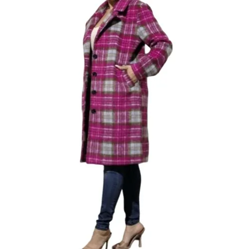 2 Piece Pink tartan wool coat with removable hooded vest