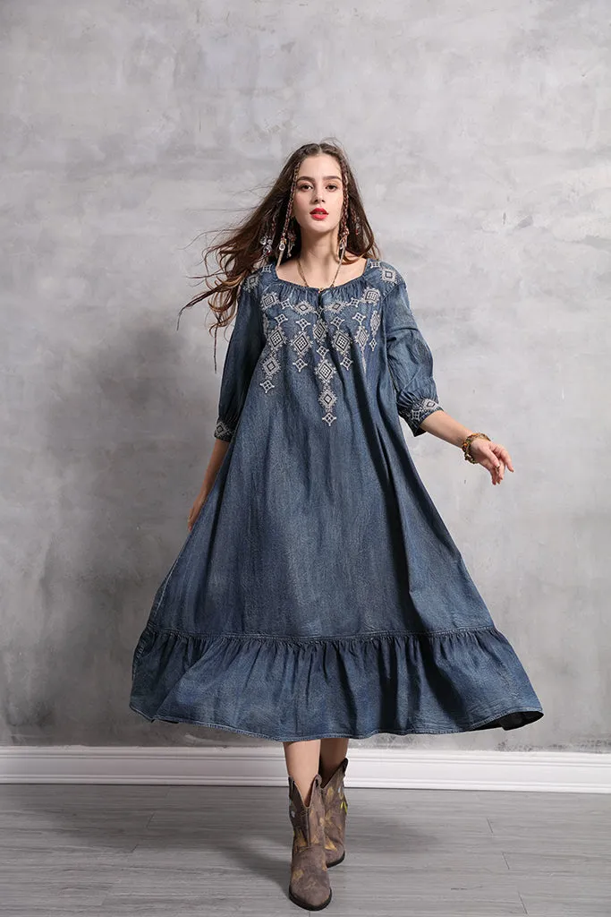 3/4 SLEEVE RUFFLE HEM  DENIM MAXI DRESS