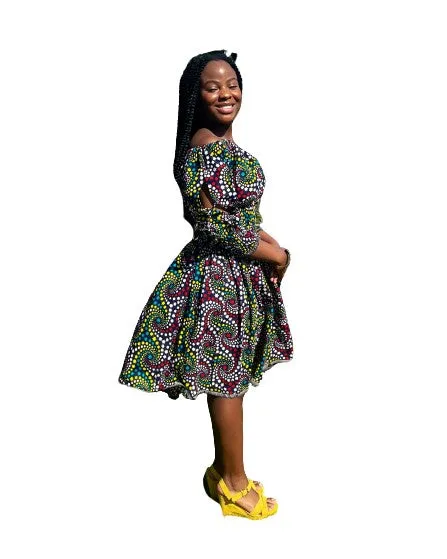 African on and off the shoulder Floral Midi knee Length dress, African Print.