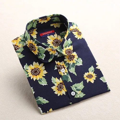 Autumn Floral Women Shirts with Long Sleeves Cotton Blouses Shirt Turn Down Collar Female Bodycon Shirts Women Feminine Shirt