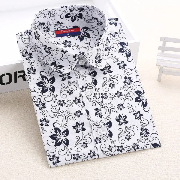 Autumn Floral Women Shirts with Long Sleeves Cotton Blouses Shirt Turn Down Collar Female Bodycon Shirts Women Feminine Shirt