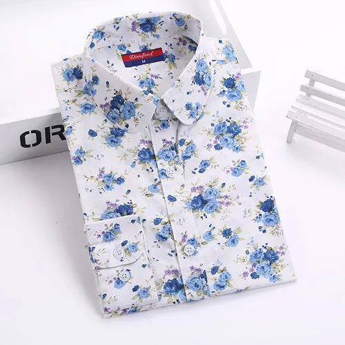 Autumn Floral Women Shirts with Long Sleeves Cotton Blouses Shirt Turn Down Collar Female Bodycon Shirts Women Feminine Shirt