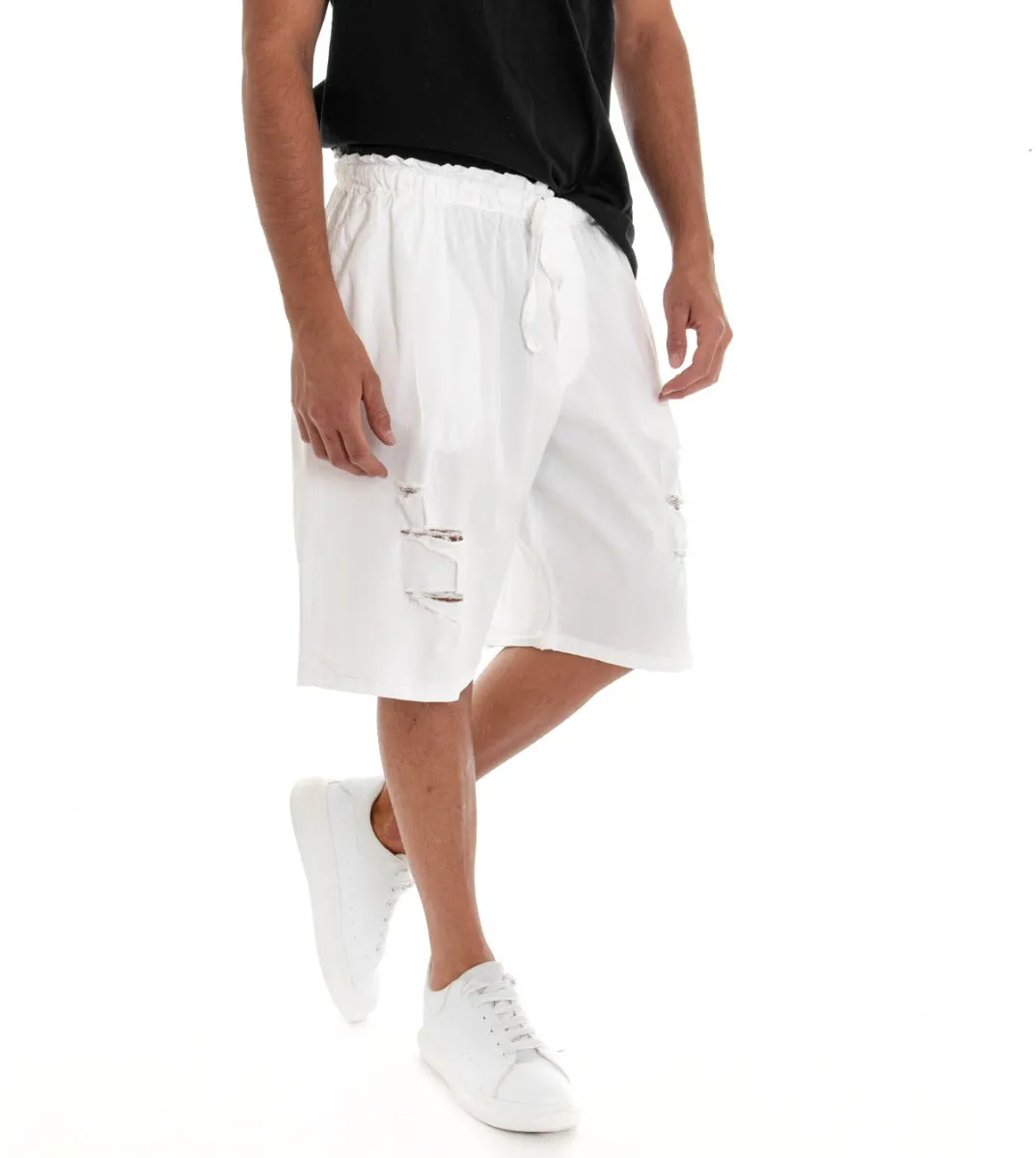 Bermuda Pantaloncino Uomo Shorts Over Tinta Unita Bianco Rotture GIOSAL-PC1527A