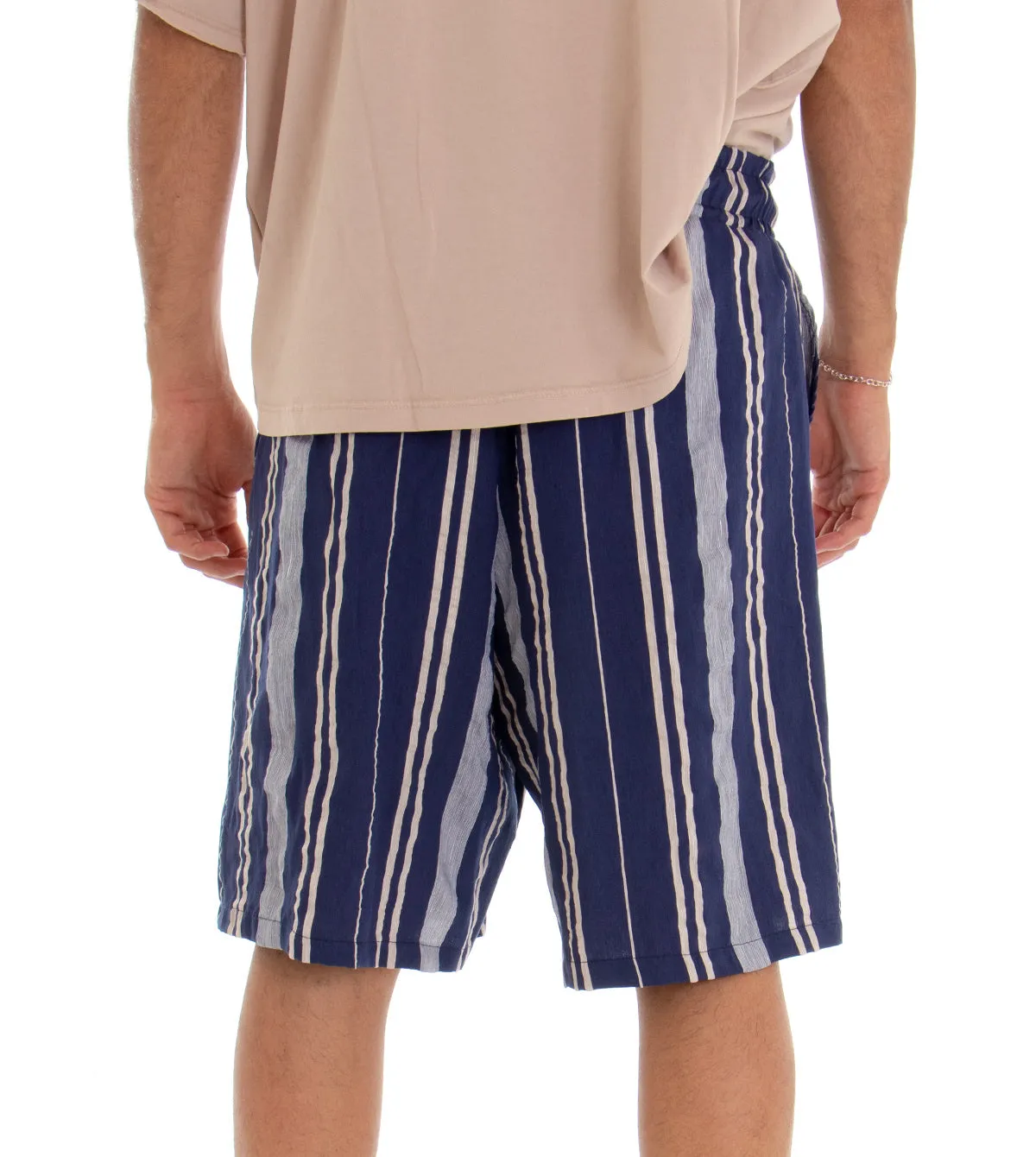 Bermuda Pantaloncino Uomo Shorts Rigato Blu Elastico GIOSAL-PC1544A