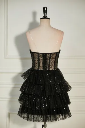 Black Cocktail Dress Sequined Strapless Multi-Layers Tulle Gowns