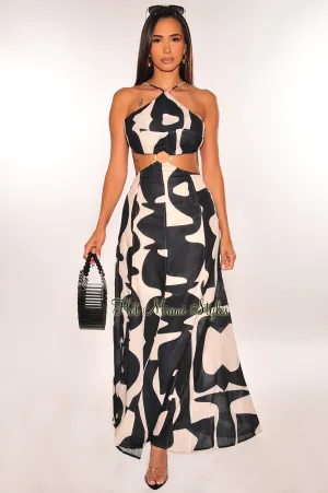 Black Nude Print Strappy Linen Cut Out Maxi Dress