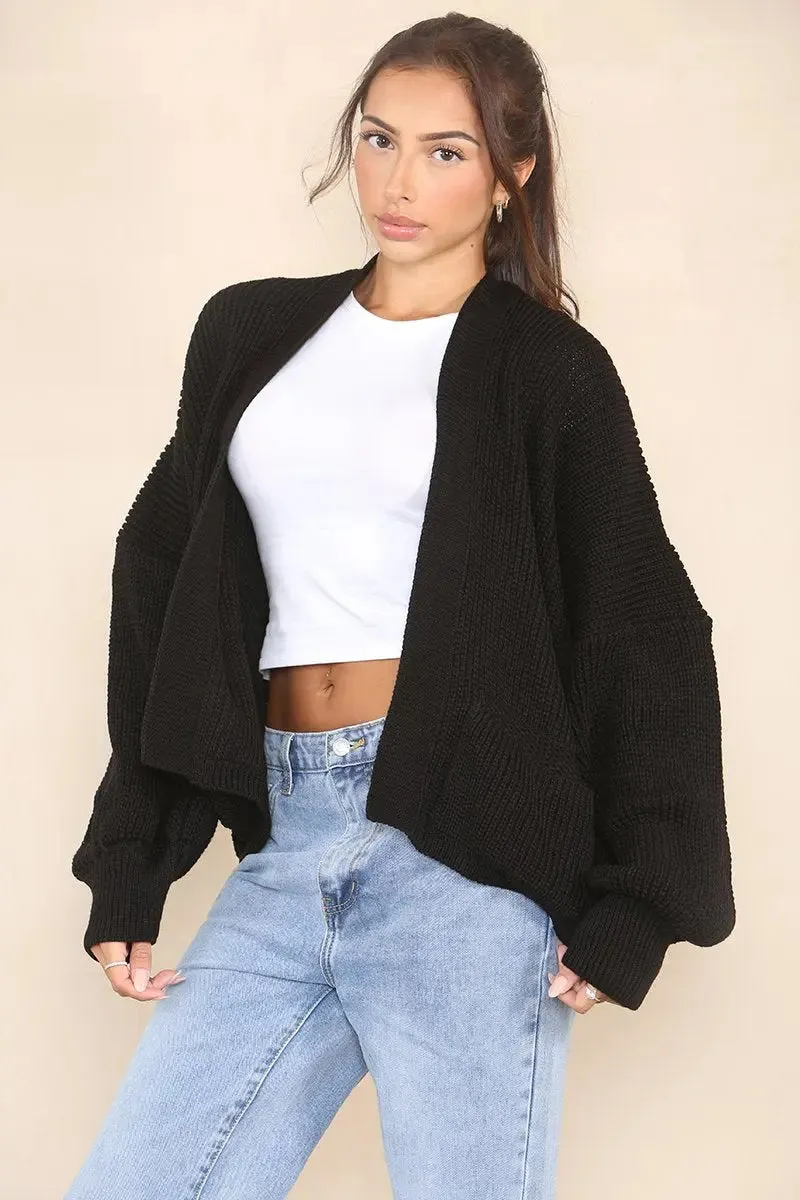 Black Versatile Knit Drop Shoulder Sweater Cardigan