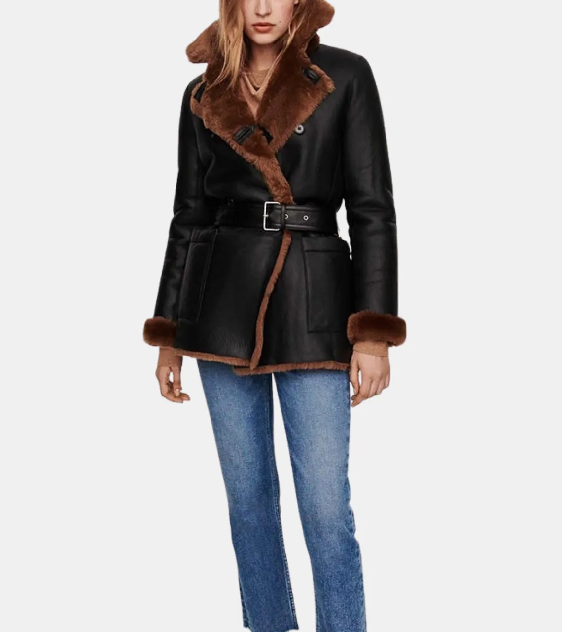 Brexley Women's Black Bomber Shearling Leather Coat