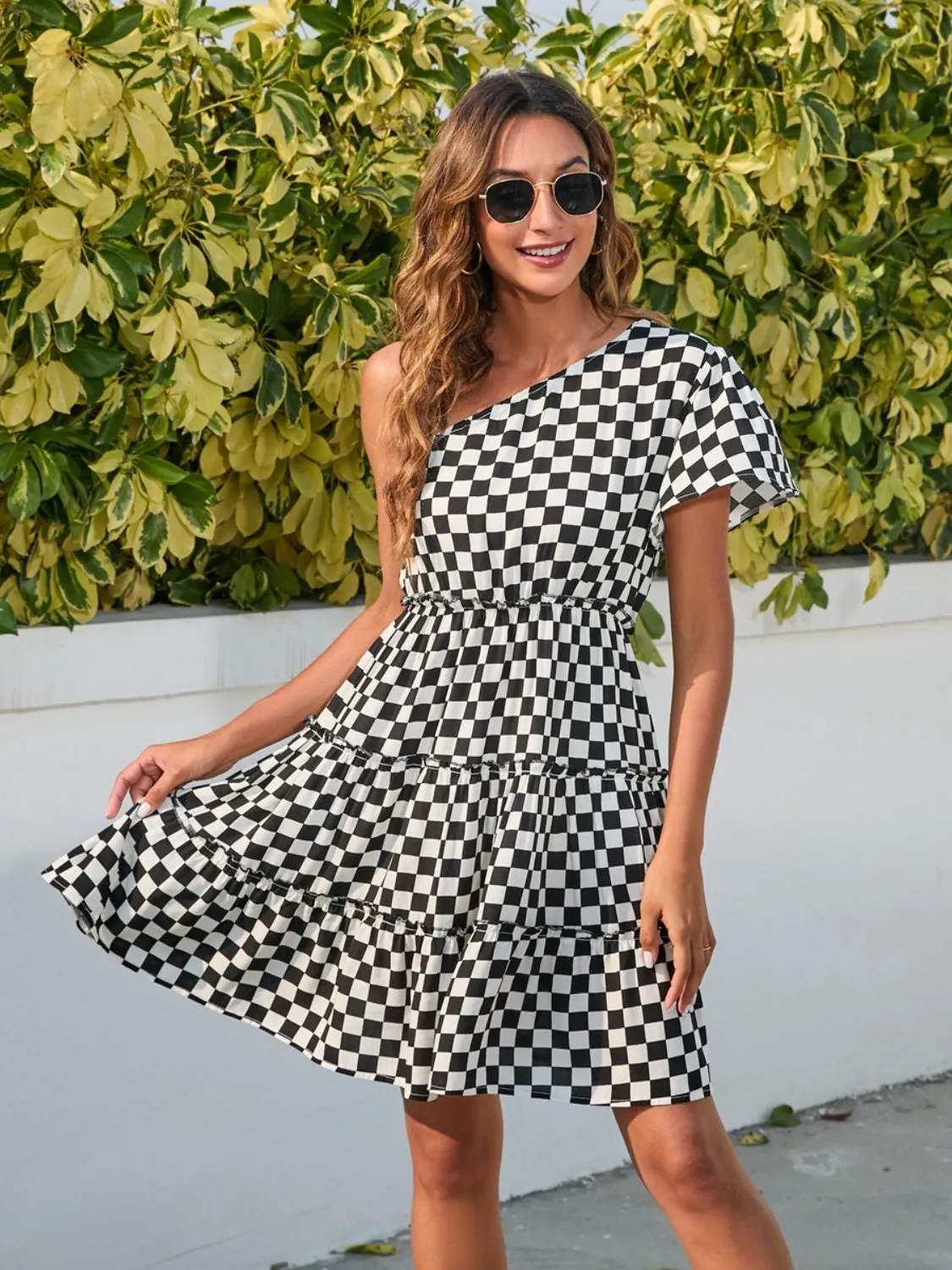 Checkered Single Shoulder Mini Dress