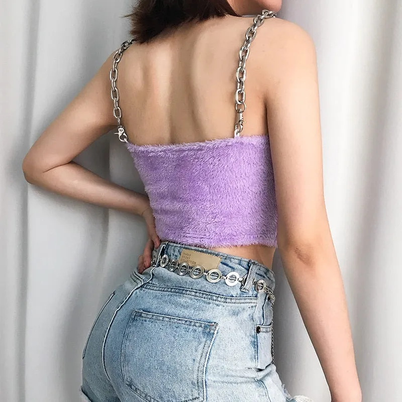 Chic Metal Chain Spaghetti Strap Summer Purple Solid Velvet Tank Top Sleeveless