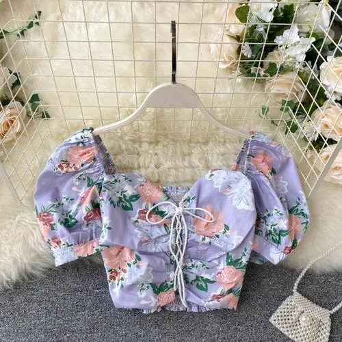 deanwangkt Short Blouses Women Fashion Sexy Bandage Crop Top Summer Vintage Gothic Shirt Ladies Flower Print Top Feminine