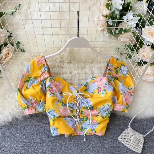 deanwangkt Short Blouses Women Fashion Sexy Bandage Crop Top Summer Vintage Gothic Shirt Ladies Flower Print Top Feminine