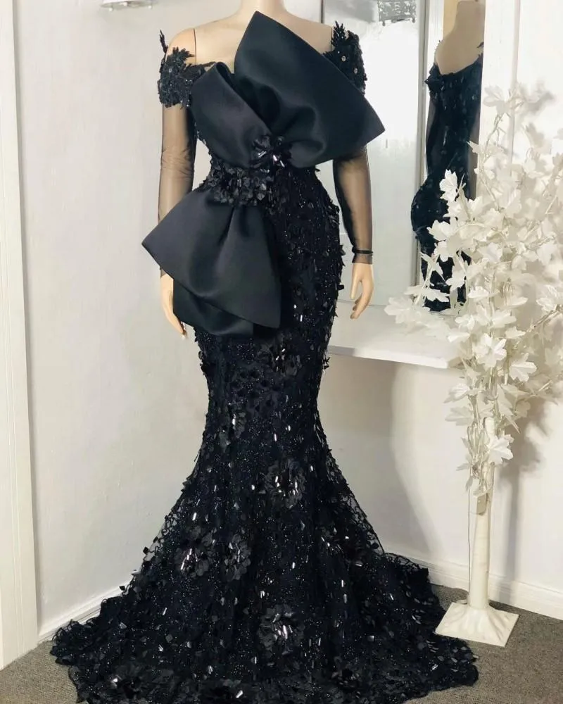 Elegant African Black Mermaid Evening Dresses Full Sleeves Lace Appliqued Beaded Arabic Aso Prom Gowns With Bow Robe De Soiree