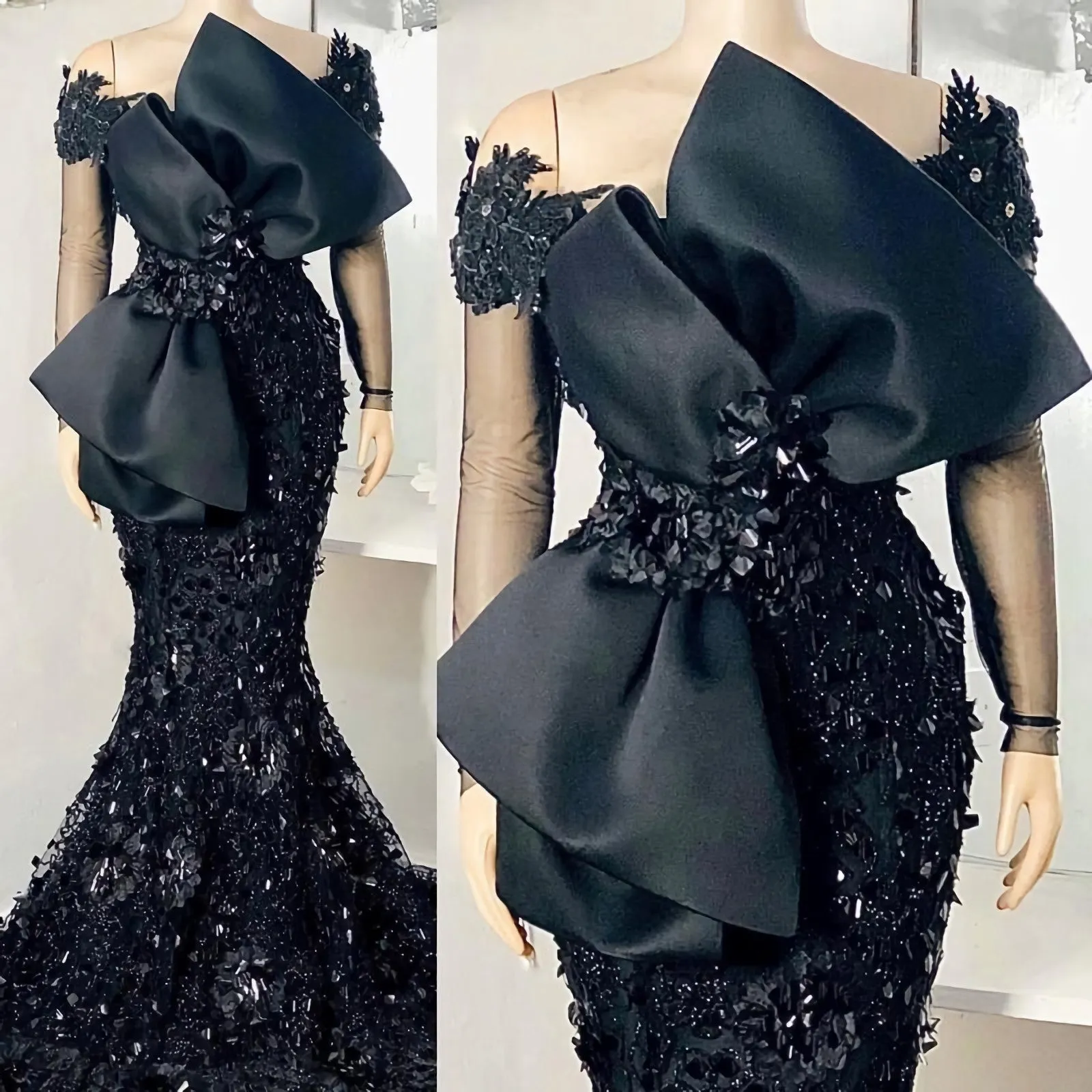 Elegant African Black Mermaid Evening Dresses Full Sleeves Lace Appliqued Beaded Arabic Aso Prom Gowns With Bow Robe De Soiree