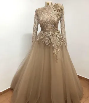 Elegant Champagne Long Prom Dress Tulle Formal Dress