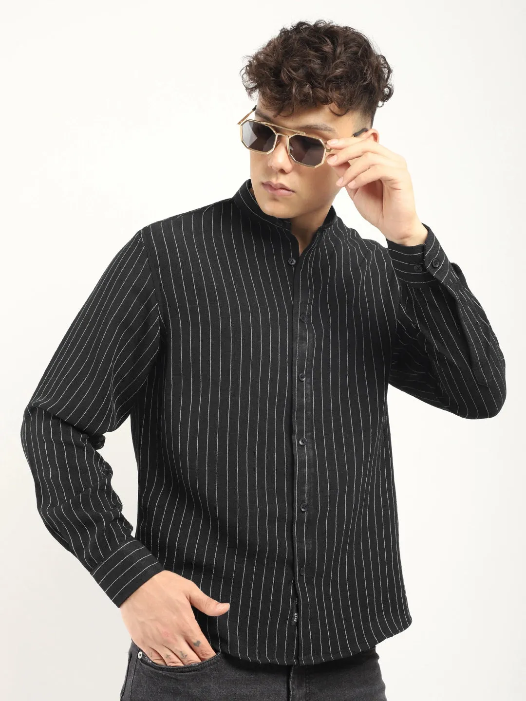 Fabric Linen Black Stitch Full Sleeve Shirt