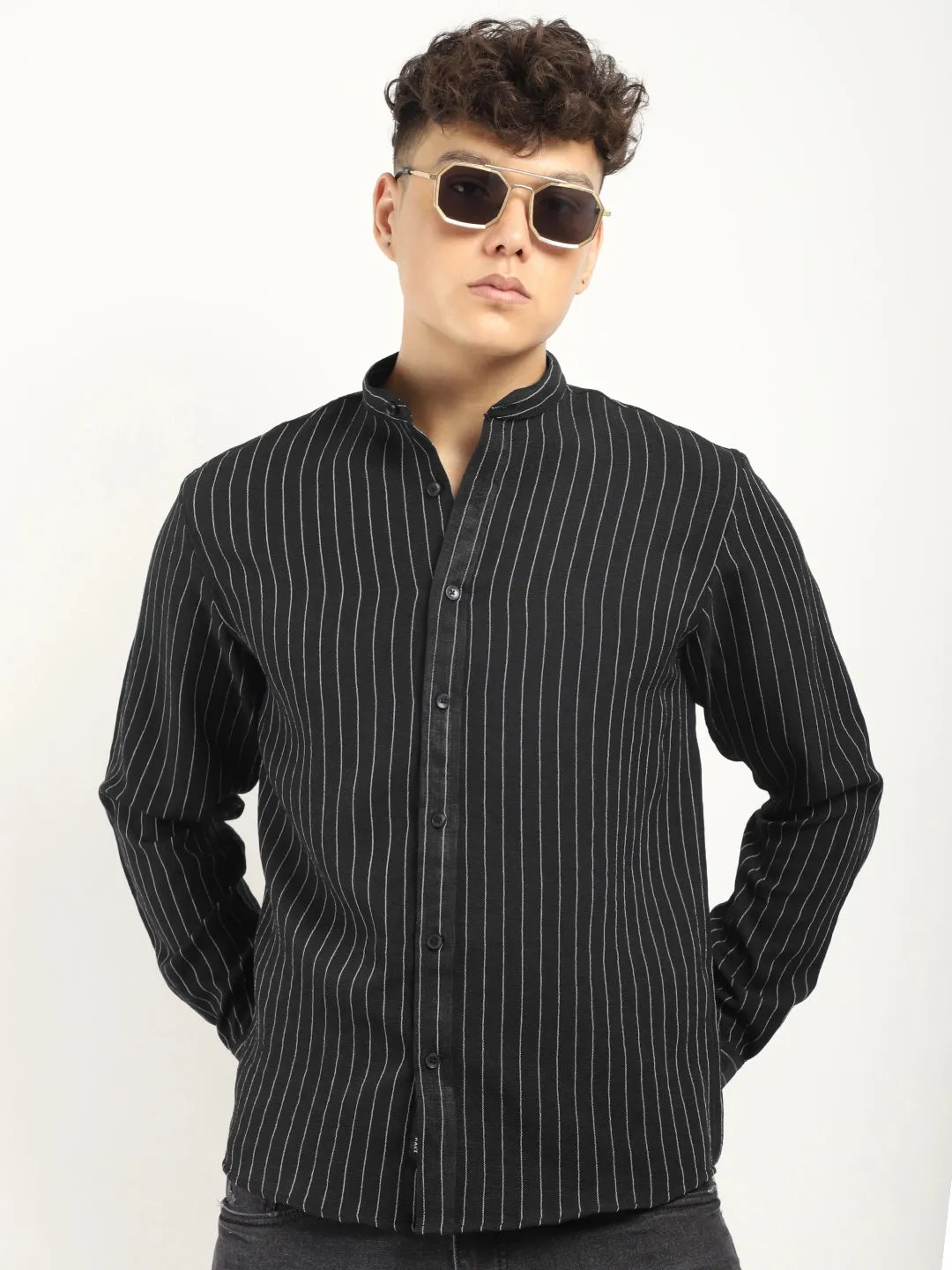 Fabric Linen Black Stitch Full Sleeve Shirt