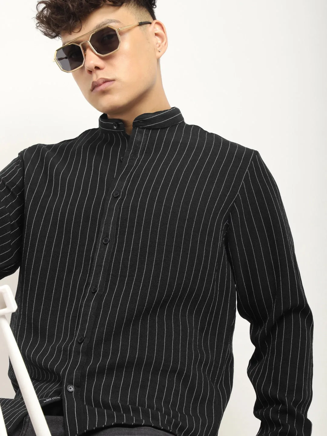 Fabric Linen Black Stitch Full Sleeve Shirt