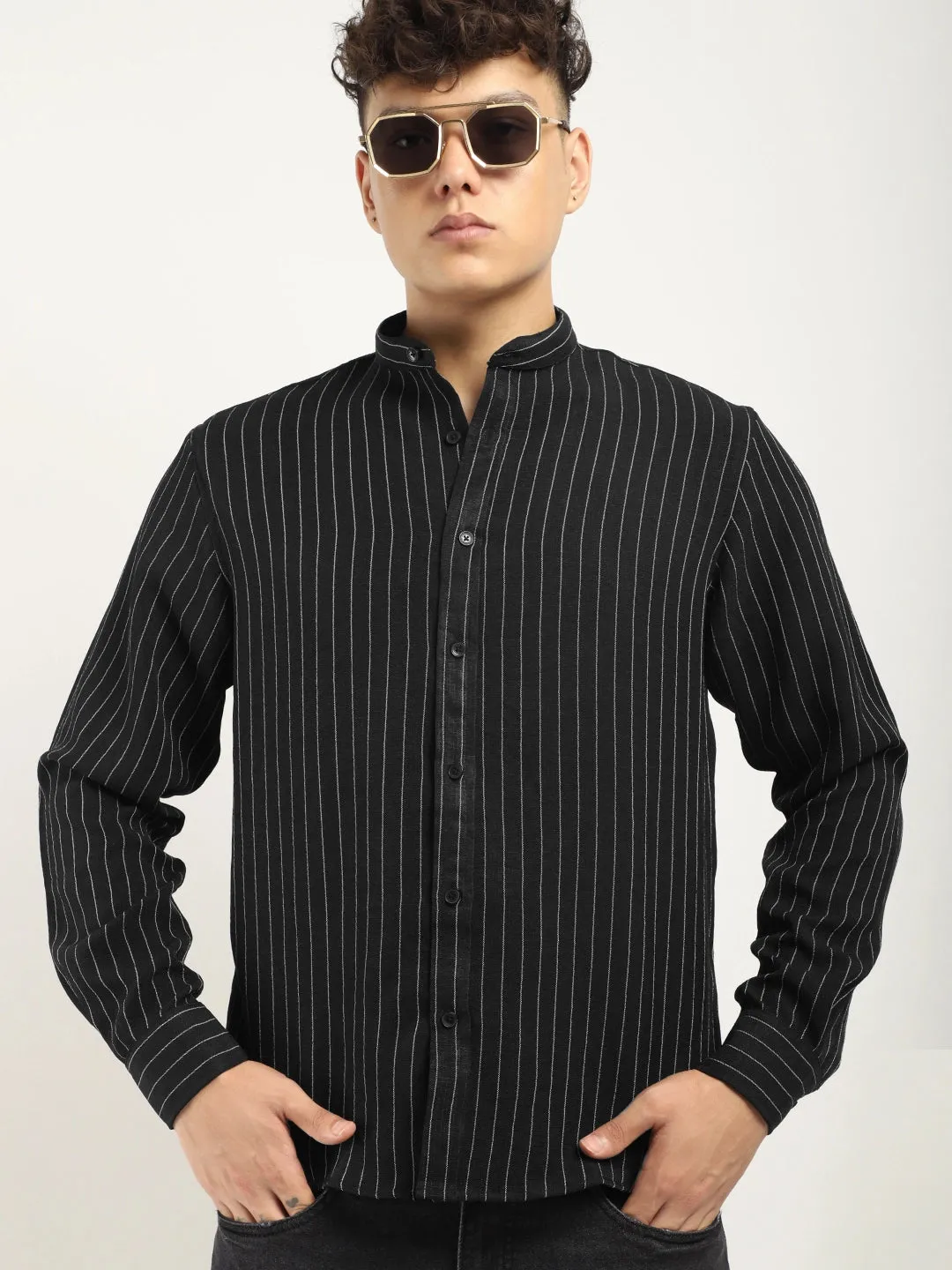 Fabric Linen Black Stitch Full Sleeve Shirt