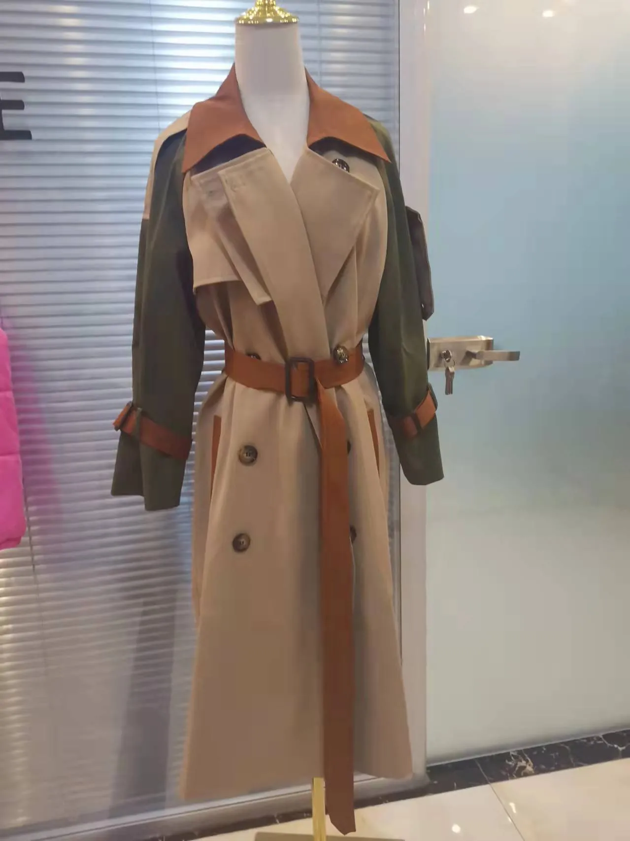 Fashion color matching long trench coat（AY1339）