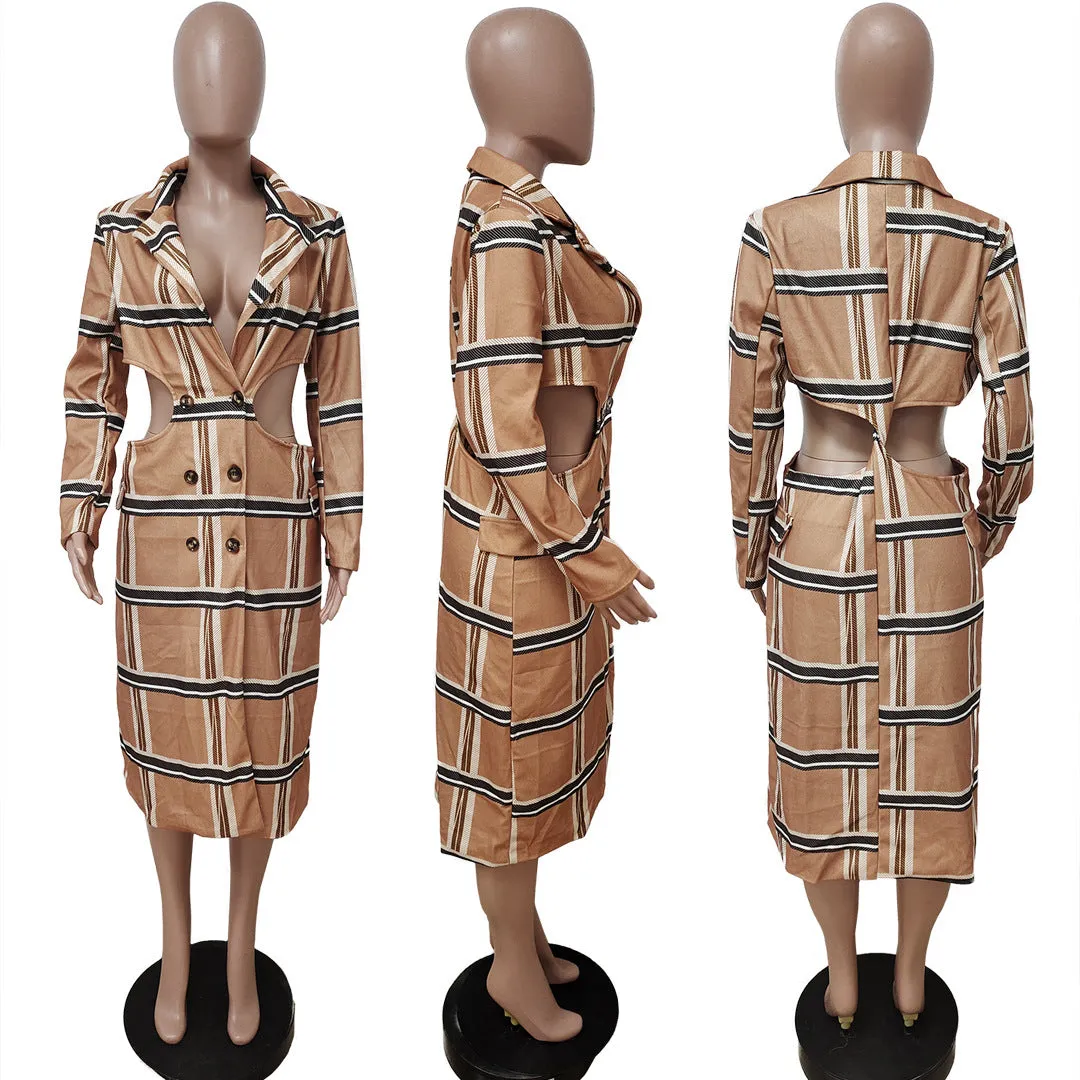 Fashion plaid back hollow trench coat（AY1462）