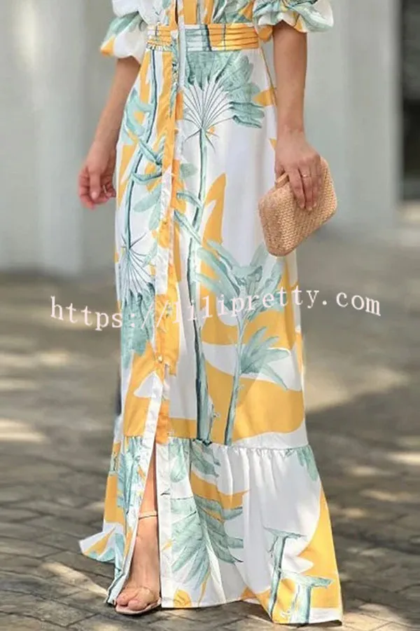 Floral Print Shirt Neck Puff Sleeve Button Maxi Dress