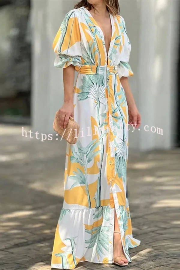 Floral Print Shirt Neck Puff Sleeve Button Maxi Dress