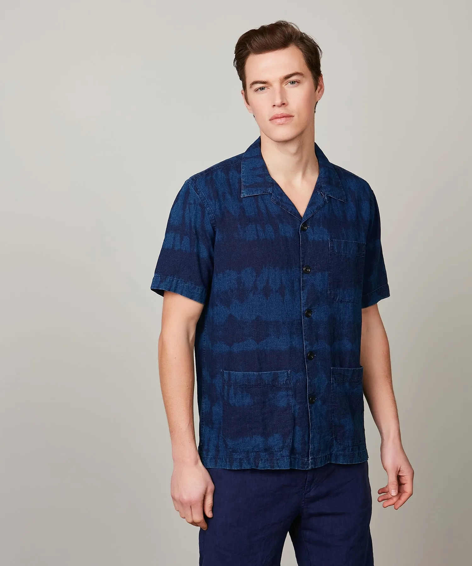 Hartford France Indigo Blue Cotton Linen Short Sleeve Shirt