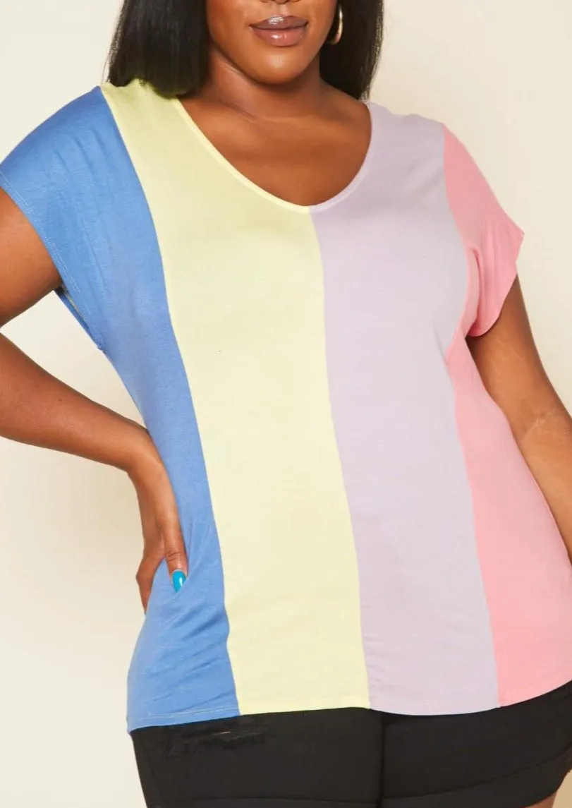 Hi Curvy Plus Size Color Block V Neck Shirt