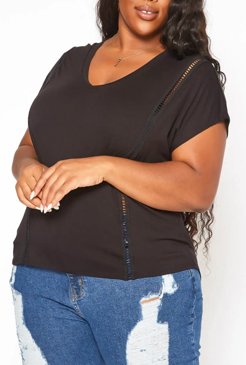 HI CURVY Plus Size WOMEN Crochet Hem V Neck Shirt