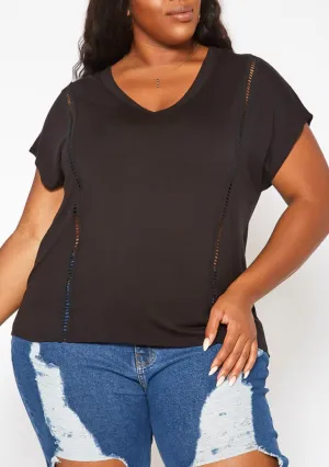 HI CURVY Plus Size WOMEN Crochet Hem V Neck Shirt