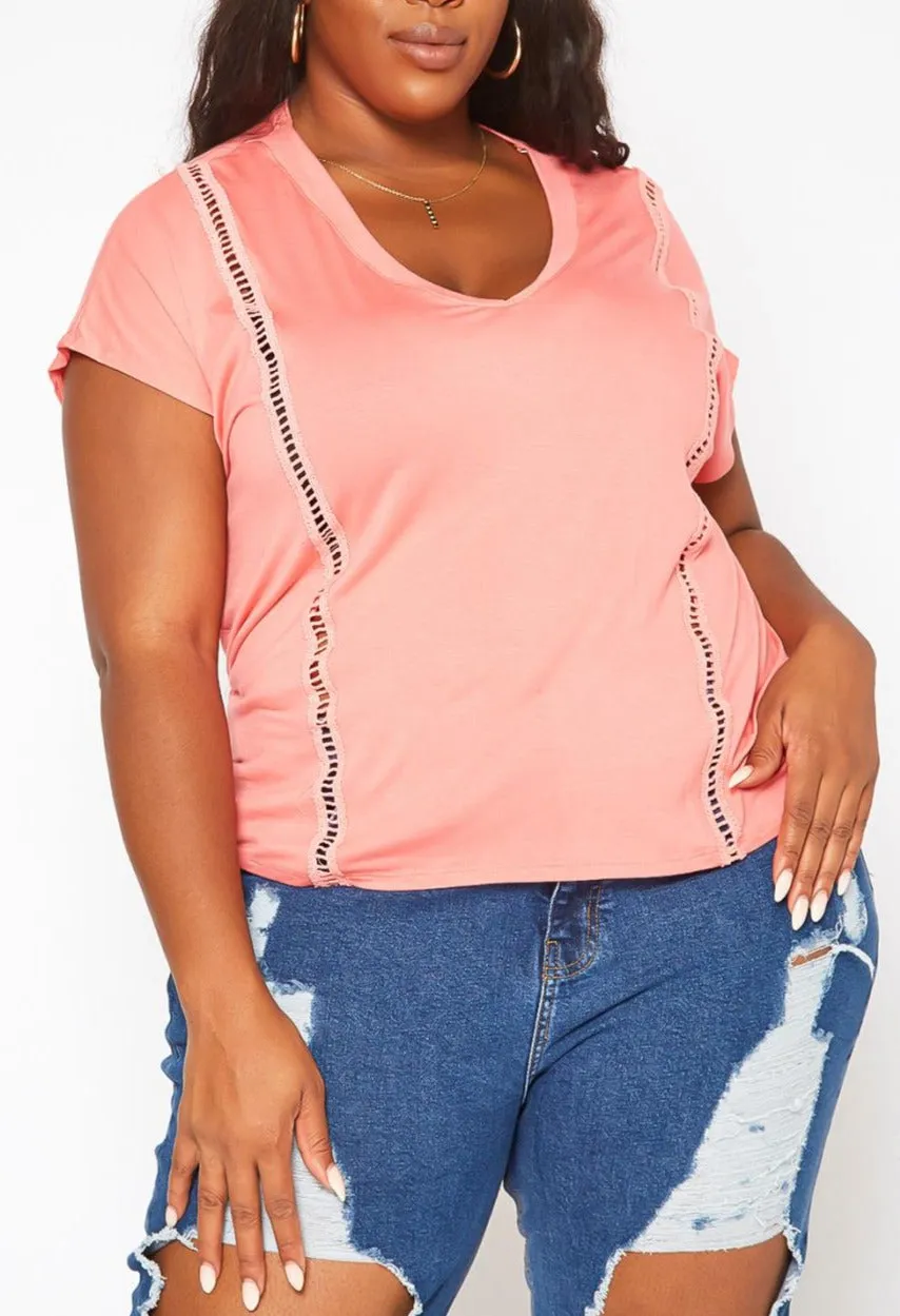 HI CURVY Plus Size WOMEN Crochet Hem V Neck Shirt