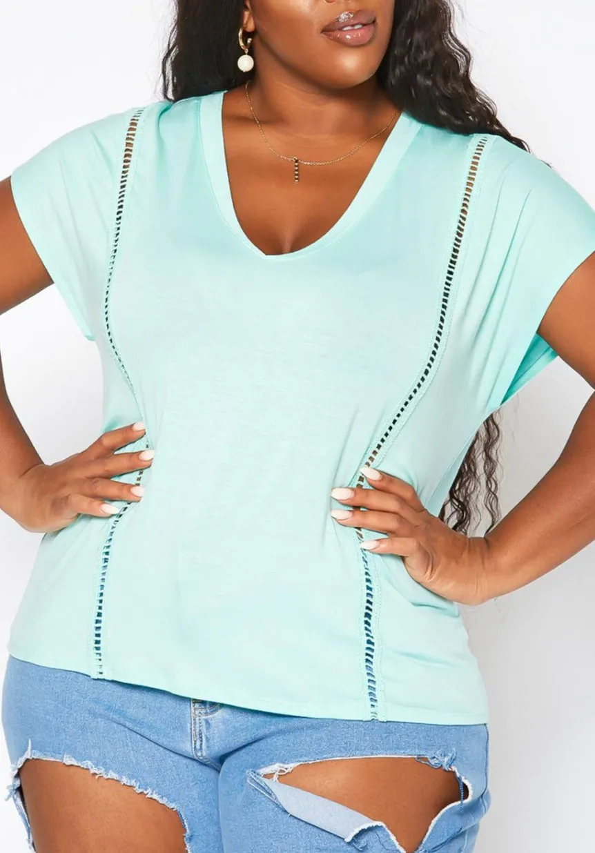 HI CURVY Plus Size WOMEN Crochet Hem V Neck Shirt