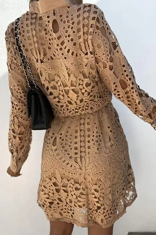 Hollow Lace Button Long Sleeve Shirt Dress