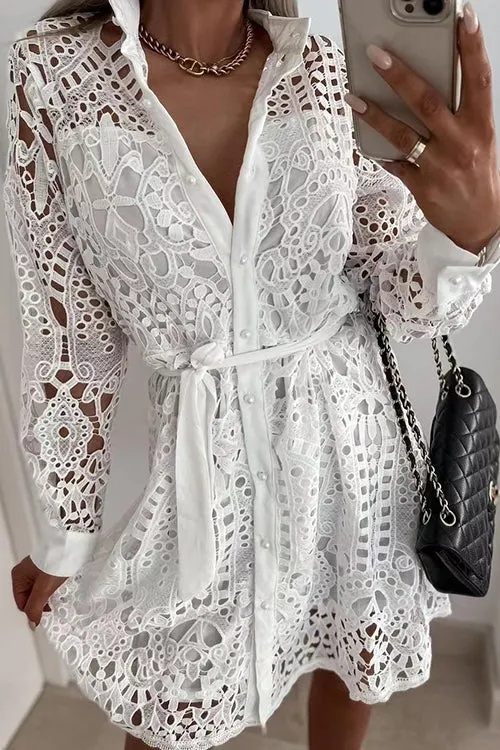 Hollow Lace Button Long Sleeve Shirt Dress