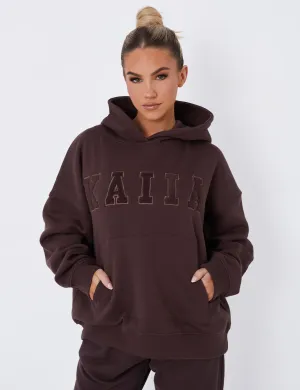 Kaiia Borg Slogan Oversized Hoodie Brown