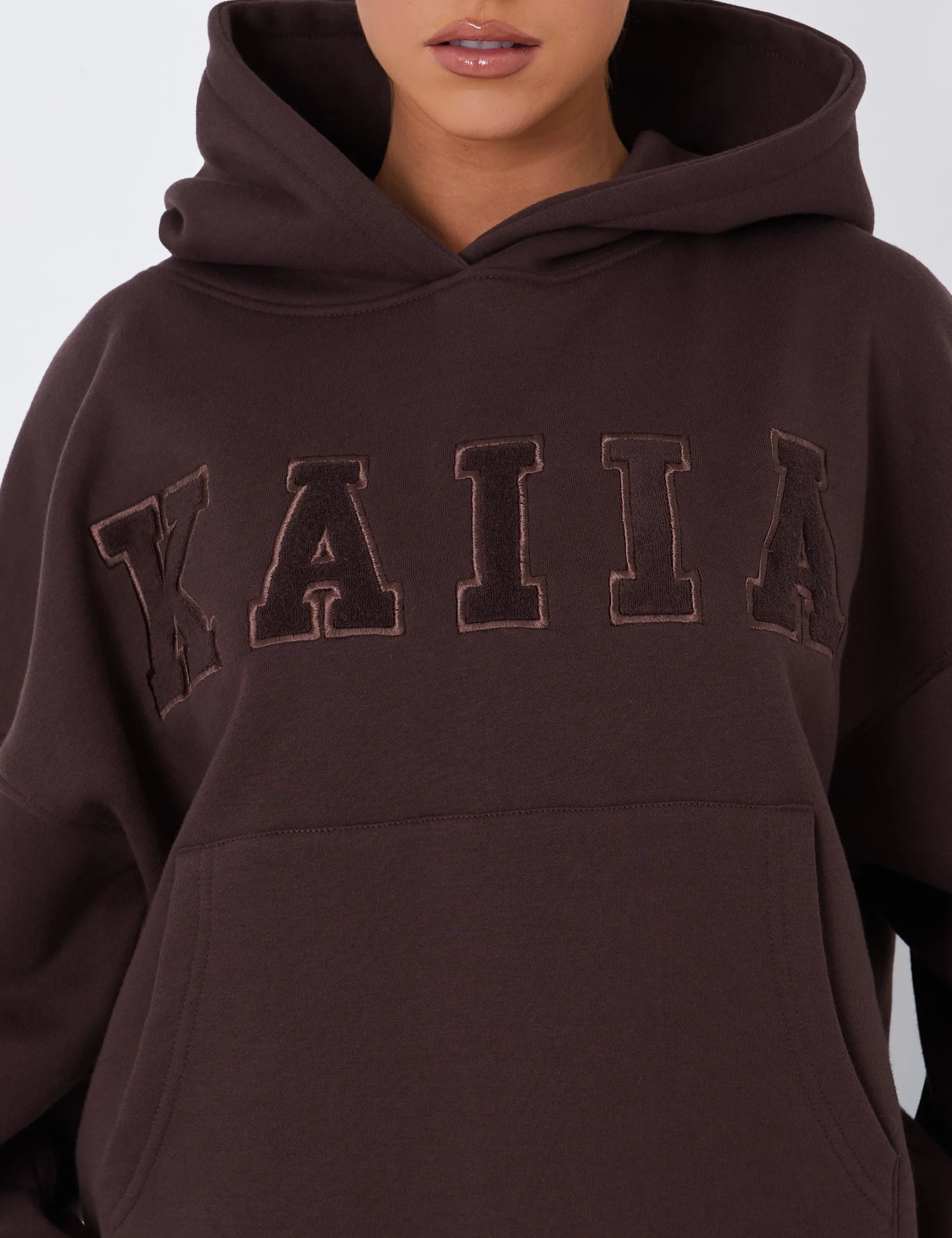 Kaiia Borg Slogan Oversized Hoodie Brown