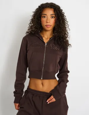 Kaiia Studio Script Logo Cropped Zip Up Hoodie Mocha