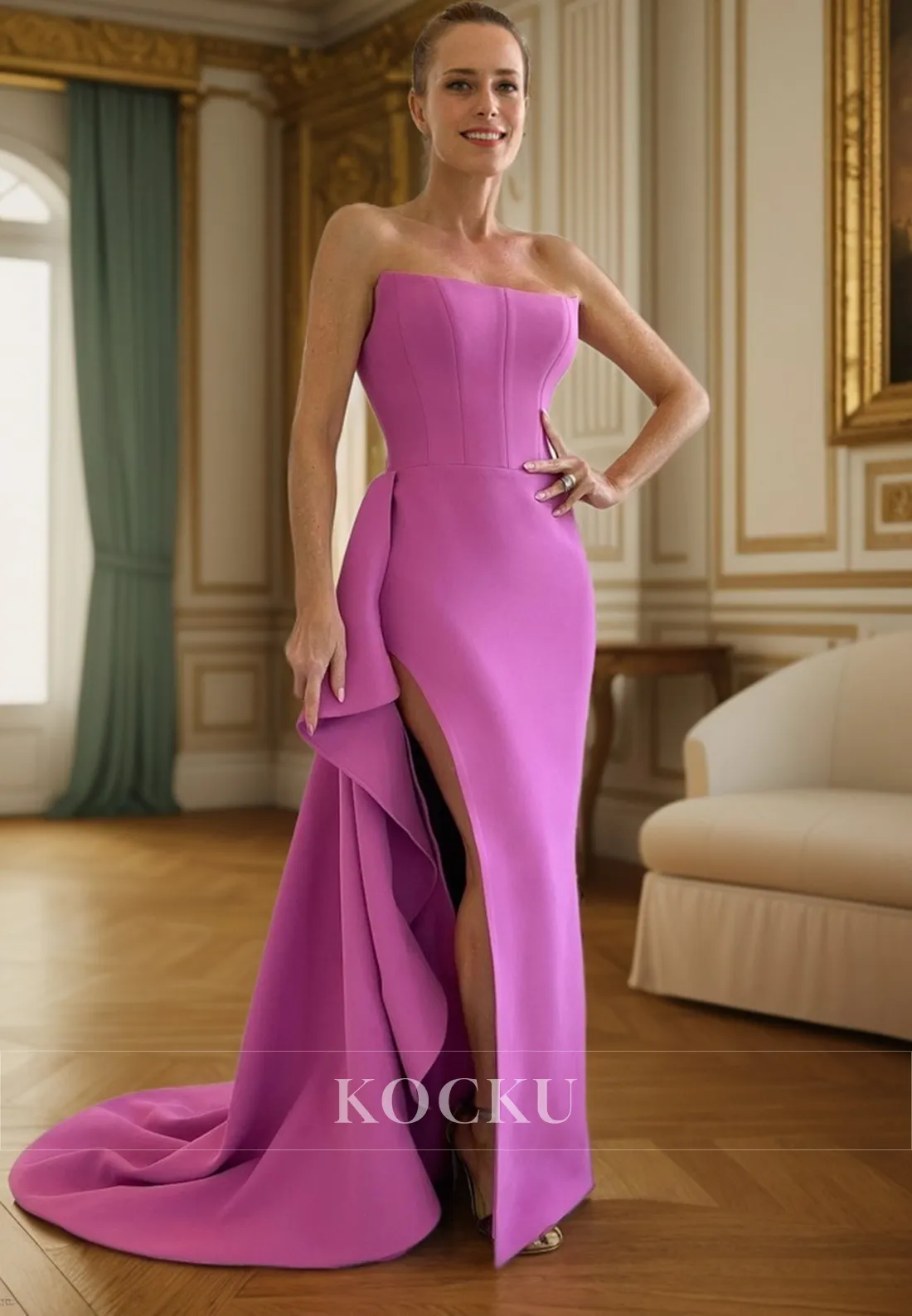 L3105 - Elegant & Simple Off-Shoulder Sleeveless Split Evening Party Prom Dress