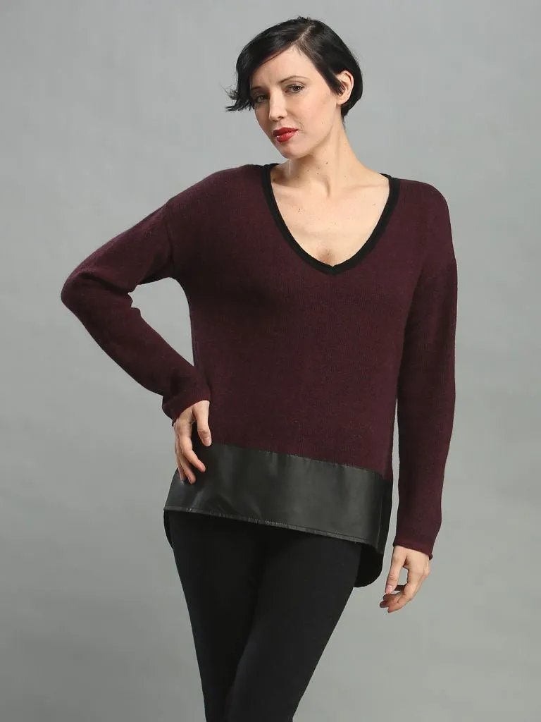 Leather Hem V-Neck Pullover