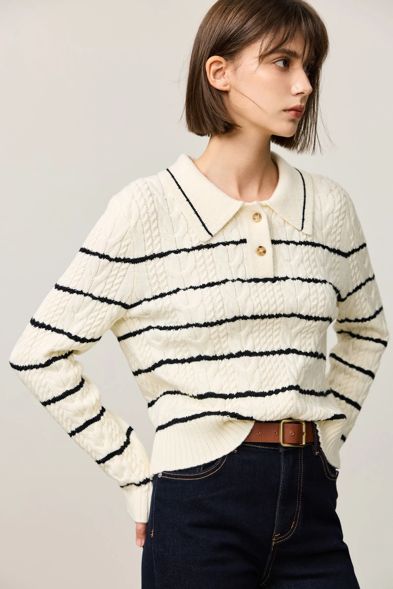 LILY Contrast Striped Relaxed Polo Sweater