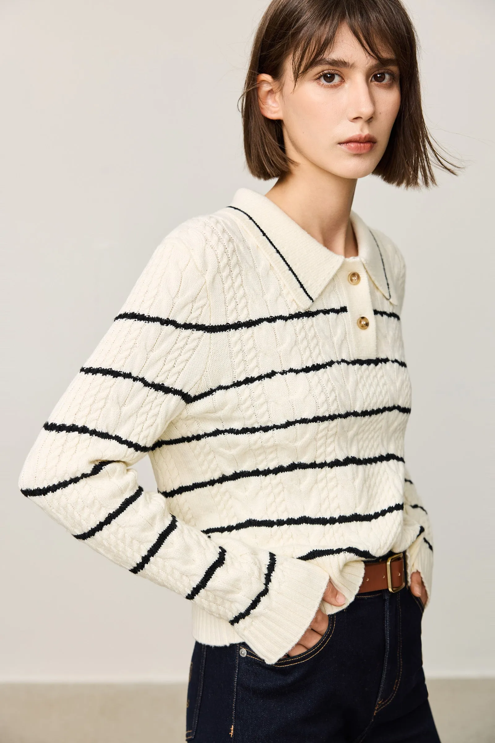 LILY Contrast Striped Relaxed Polo Sweater