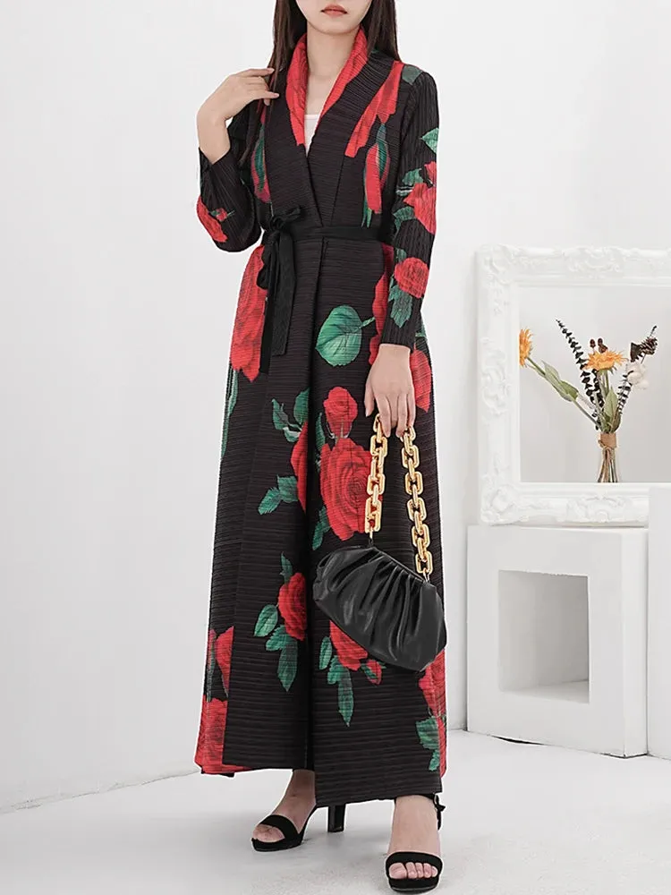 Luxurious Roses Forever Pleated Long Coat