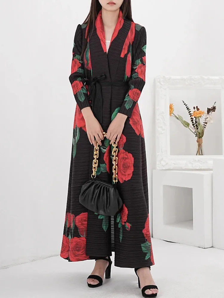 Luxurious Roses Forever Pleated Long Coat