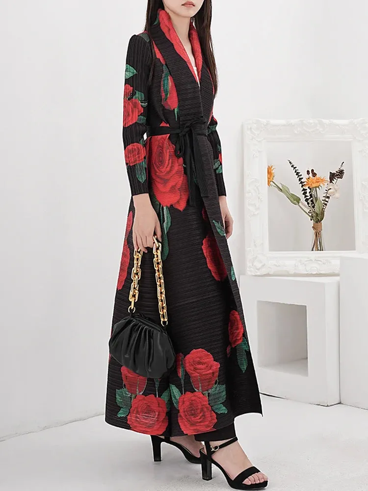 Luxurious Roses Forever Pleated Long Coat