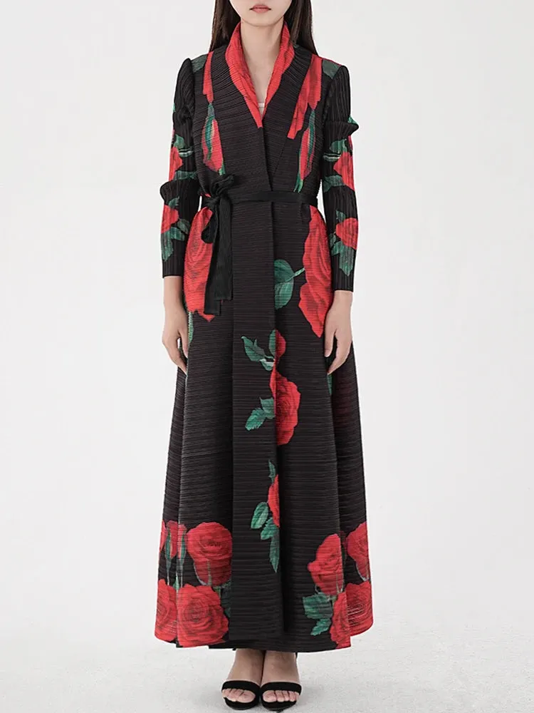 Luxurious Roses Forever Pleated Long Coat