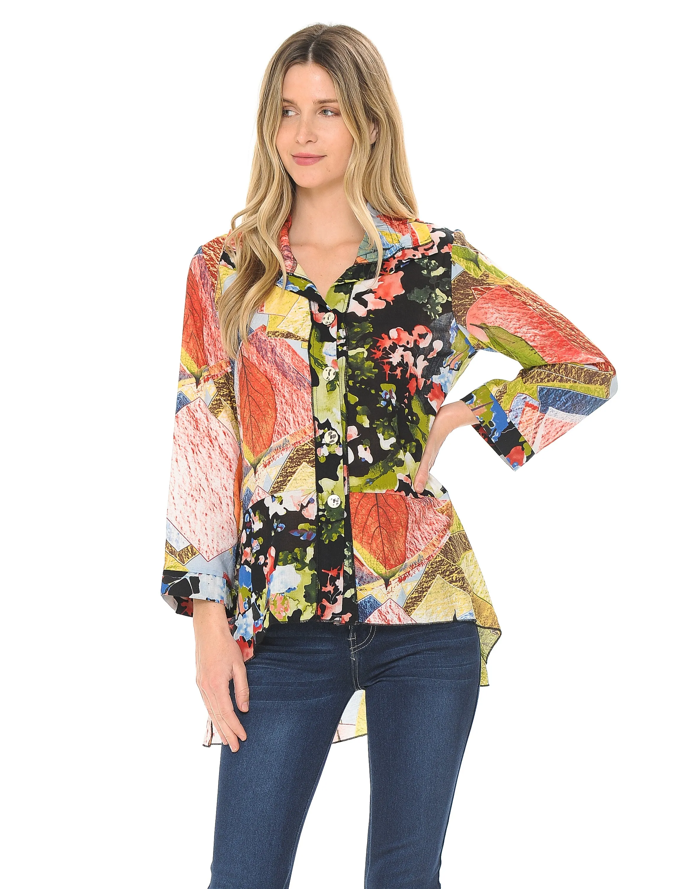 Mixed Print Button Front Peplum Shirt