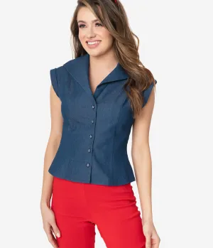 Retro Style Denim Blue Button Up Cap Sleeve Blouse