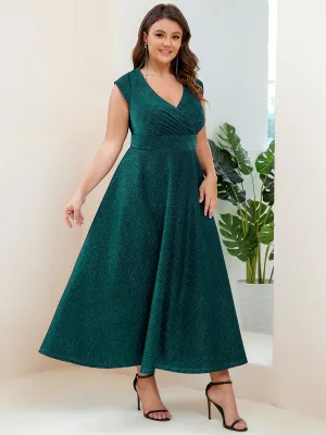 Robe de Soirée Plissée A-ligne à Manches Courtes de Grande Taille