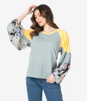 Sage & Lagoon Floral Colorblock Puff Sleeve Top